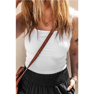 White Solid Ribbed Square Neck Slim Fit Sleeveless Crop Top