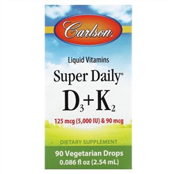 Carlson, Super Daily D3 + K2, 125 мкг (5000 МЕ) и 90 мкг, 90 вегетарианских капель, 2,54 мл (0,086 жидк. Унции)