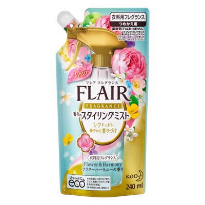 КAO Flair Floral Harmony Кондиционер-спрей для глажки белья, аромат зелёного яблока и фрезии, сменная упаковка 240 мл