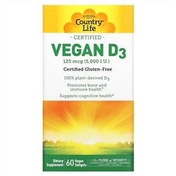 Country Life, Vegan D3, 125 mcg (5,000 IU), 60 Vegan Softgels