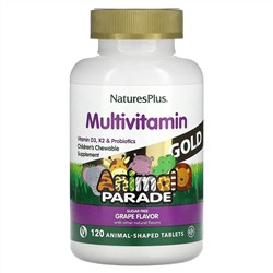 NaturesPlus, Source of Life, Animal Parade Gold, жевательная добавка для детей с мультивитаминами и минералами, натуральный ароматизатор со вкусом винограда, 120 таблеток в форме животных