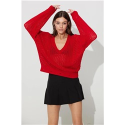 Красный вязаный трикотажный свитер Sherin с V-образным вырезом SWK4600KI