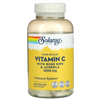 Соларай, витамин C с медленным высвобождением, с шиповником и ацеролой, 1000 мг, 250 растительных капсул