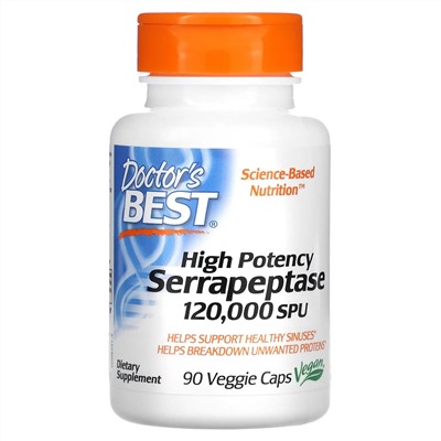 Doctor's Best, серрапептаза высокой эффективности, 120 000 SPU, 90 вегетарианских капсул