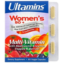 Ultamins, мультивитаминный комплекс для женщин старше 50 лет с коэнзимом Q10, грибами, ферментами, овощами и ягодами, 60 растительных капсул