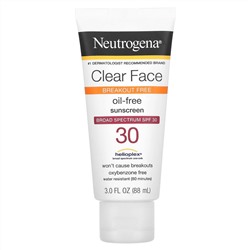 Neutrogena, Clear Face, безмасляное солнцезащитное средство, широкого спектра действия, SPF 30, без отдушек, 88 мл (3 жидк. Унции)