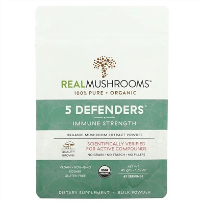 Real Mushrooms, Organic, 5 Defenders, укрепление иммунитета, 45 г (1,59 унции)