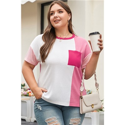 Peach Blossom Colorblock Patchwork Plus Size T-shirt