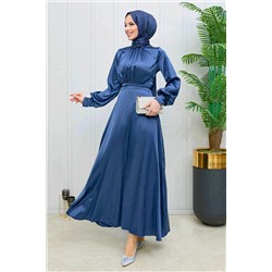 TOFİSA Женское прямое вечернее платье темно-синего цвета с круглым вырезом - 11635