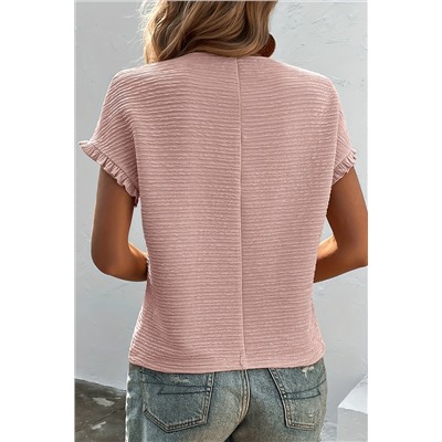 Light Pink Solid Textured Ruffled Short Sleeve T-shirt