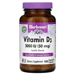 Bluebonnet Nutrition, витамин D3, 50 мкг (2000 МЕ), 180 растительных капсул