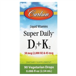 Carlson, Super Daily, витамины D3 и K2, 90 вегетарианских капель, 2,54 мл (0,086 жидк. унции)