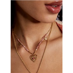 S.STEEL NECKLACE W/ NAT.STONE+PINK HEART