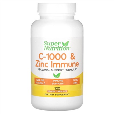 Super Nutrition, добавка для укрепления иммунитета C-1000 с цинком, 120 растительных капсул