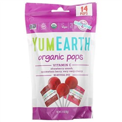 YumEarth, Organic Pops, витамин C, клубничное мороженое, ягоды раззматаз, вишня, 14 леденцов, 87 г (3,1 унции)