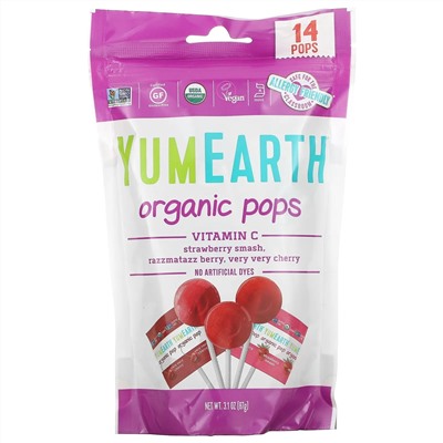 YumEarth, Organic Pops, витамин C, клубничное мороженое, ягоды раззматаз, вишня, 14 леденцов, 87 г (3,1 унции)