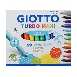 Фломастеры 12 цветов, корпус круглый, утолщенные, конический, смываемые, колпачок вентилируемый Turbo Maxi GIOTTO 454000