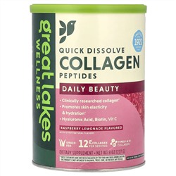 Great Lakes Wellness, Quick Dissolve Collagen Peptides, Daily Beauty, малиновый лимонад, 227 г (8 унций)