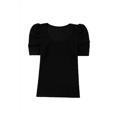 Black Waffle Knit Ruched Puff Sleeve Top