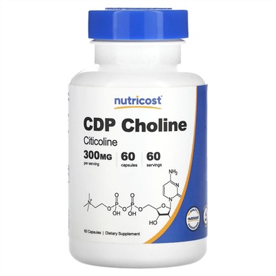 Nutricost, CDP Choline, цитиколин, 300 мг, 60 капсул