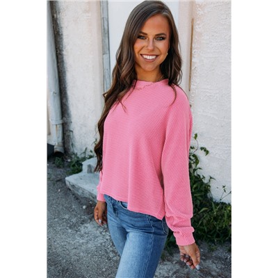 Bonbon Solid Color Corded Textured Long Sleeve Top