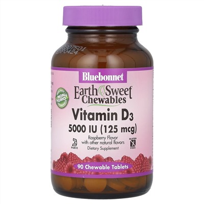 Bluebonnet Nutrition, витамин D3, малина, 5000 МЕ (125 мкг), 90 жевательных таблеток