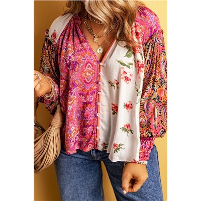 Pink Multicolor Floral Patchwork Shirred Cuffs Buttoned Blouse