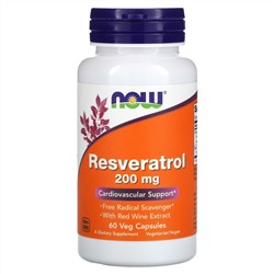 NOW Foods, Натуральный Ресвератрол, 200 мг, 60 растительных капсул