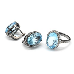 Кольцо и Серьги С925 с голубым топазом и алмазами 12*16мм, размер 17, 11,5г