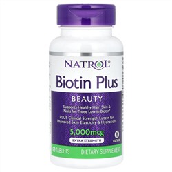 Natrol, Biotin Plus, повышенная эффективность, 5000 мкг, 60 таблеток