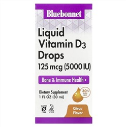 Bluebonnet Nutrition, капли витамина D3, с натуральным цитрусовым вкусом, 5000 МЕ, 30 мл (1 жидкая унция)