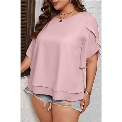 Light Pink Plus Size Frilly Overlap Sleeve Double Layered Blouse