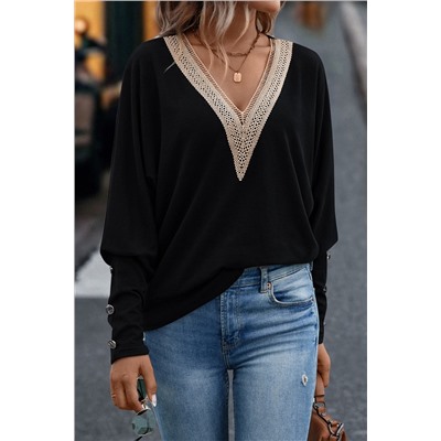 Black Contrast Guipure Lace Batwing Sleeve Top