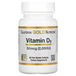 California Gold Nutrition, витамин D3, 50 мкг (2000 МЕ), 90 рыбно-желатиновых капсул