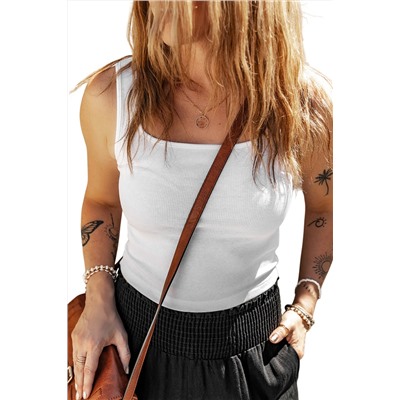White Solid Ribbed Square Neck Slim Fit Sleeveless Crop Top