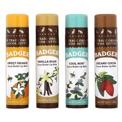 Badger Company, Organic, набор бальзамов для губ с маслом какао, 4 упаковки по 7 г (0,25 унции)