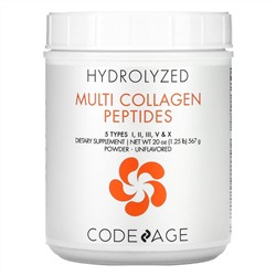 Codeage, Hydrolyzed, мультиколлагеновые пептиды, 5 типов I, II, III, V, X, порошок, без добавок, 567 г (20 унций)