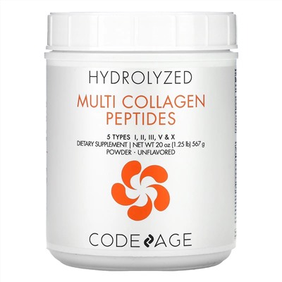 Codeage, Hydrolyzed, мультиколлагеновые пептиды, 5 типов I, II, III, V, X, порошок, без добавок, 567 г (20 унций)