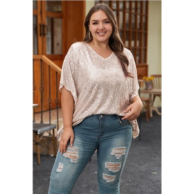 Apricot Plus Size Sequined V Neck Boxy Top