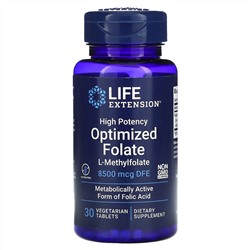 Life Extension, оптимизированный высокоэффективный фолат, 8500 мг пищевого фолатного эквивалента, 30 вегетарианских таблеток