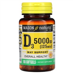 Mason Natural, Витамин D3, 5000 МЕ (125 мкг), 100 мягких таблеток