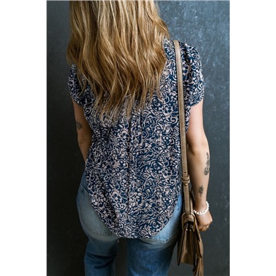 Blue Abstract Print Buttoned V Neck Short Sleeve Blouse