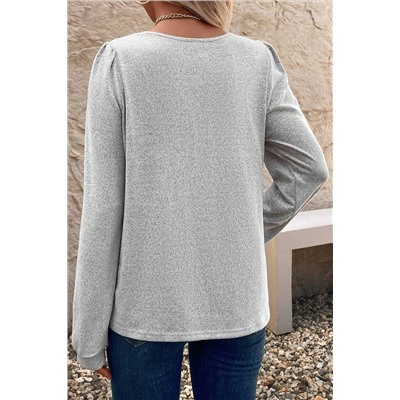 Light Grey Frilly Notched Neck Button Detail Long Sleeve Top