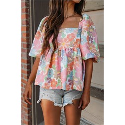 Pink Floral Puff Sleeve Square Neck Babydoll Blouse