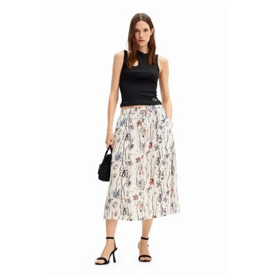 Illustrated floral midi skirt