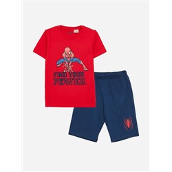 LC Waikiki Пижамный комплект с короткими рукавами и шортами для мальчиков с круглым вырезом и принтом «Человек-паук»