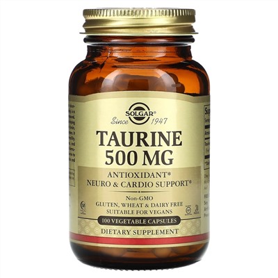 Solgar, Таурин, 500 мг, 100 растительных капсул