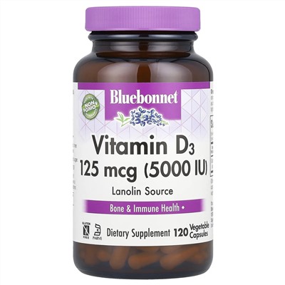 Bluebonnet Nutrition, Витамин D3, 5000 МЕ, 120 растительных капсул