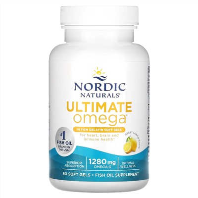 Nordic Naturals, Ultimate Omega, высокоэффективные омега-3 кислоты, со вкусом лимона, 1280 мг, 60 капсул из рыбьего желатина (640 мг в 1 капсуле)