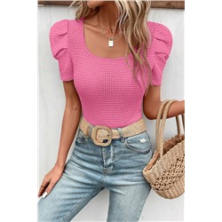 Bright Pink Waffle Knit Ruched Puff Sleeve Top